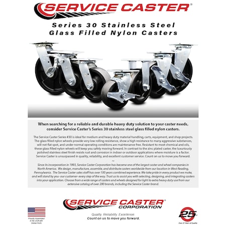 Service Caster 4 Inch SS Glass Filled Nylon Swivel Caster Set with Roller Bearings 2 Brakes SCC SCC-SS30S420-GFNR-2-TLB-2